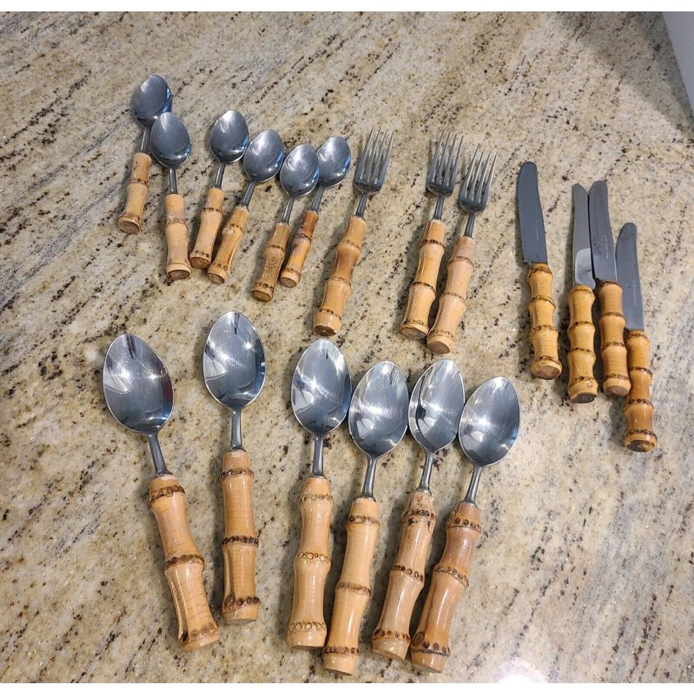 VINTAGE MID-CENTURY AUTHENTIC BAMBOO HANDLE TIKI FLATWARE STAINLESS STEEL JAPAN
